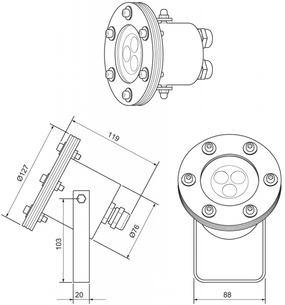 Mini VX Led Light Fixture 12/24VDC. 6W. RGBW Spot/Flood 2PG-16